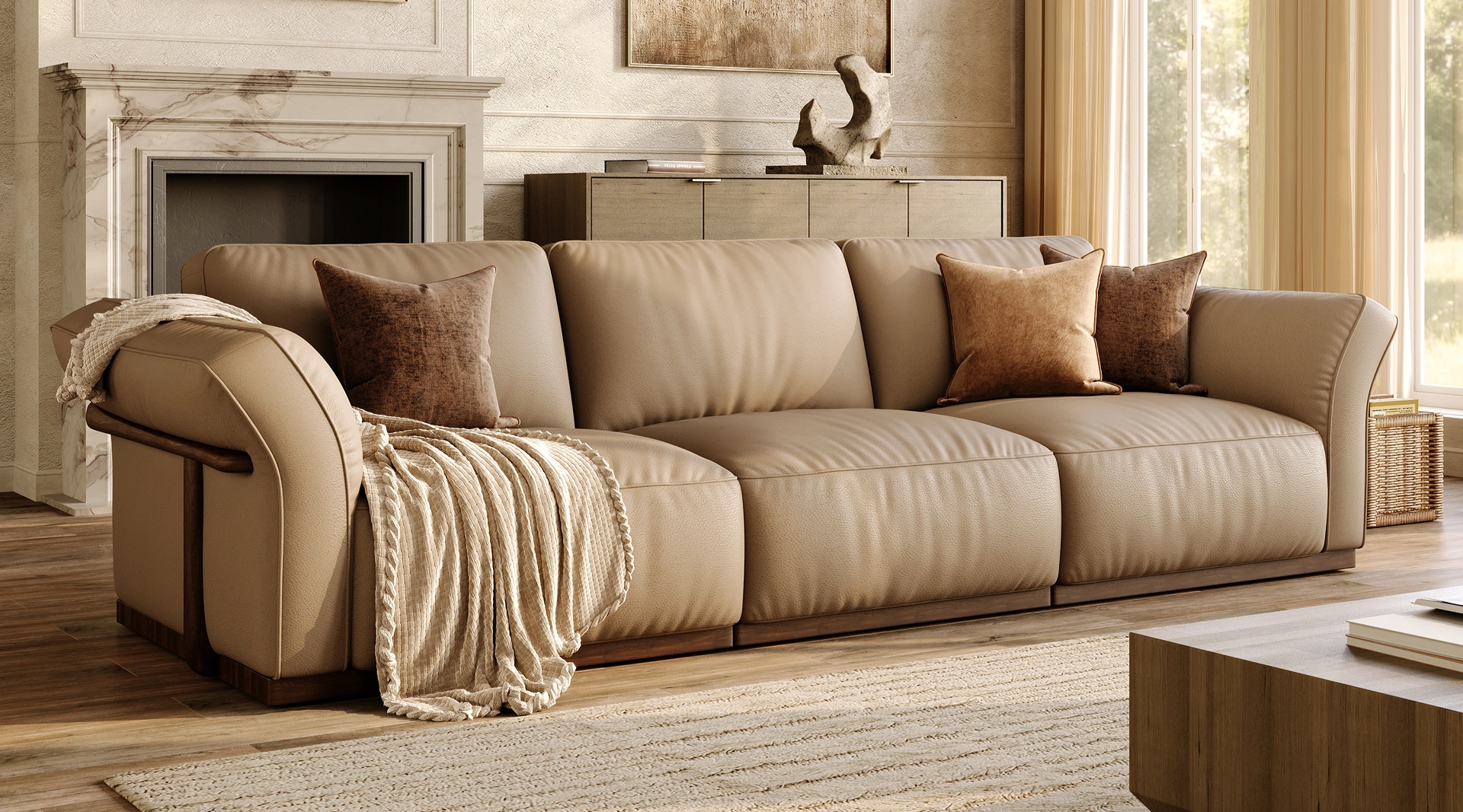 An extra deep seated leather sofa for large living room layout