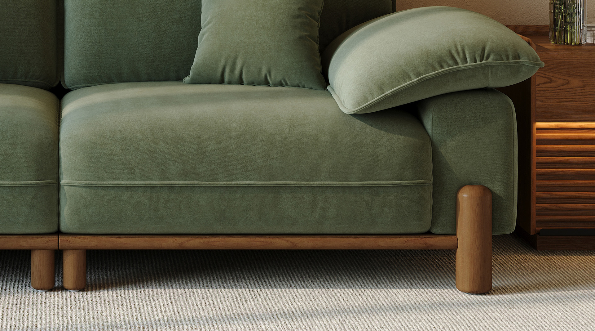 Wooden frame details of mid century modern sofa