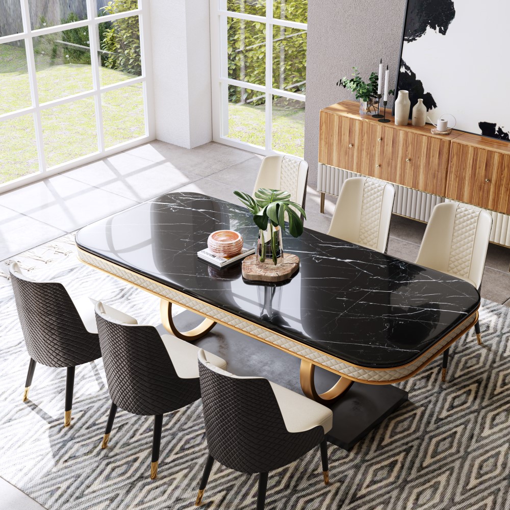 Rectangular Black Marble Dining Table Set