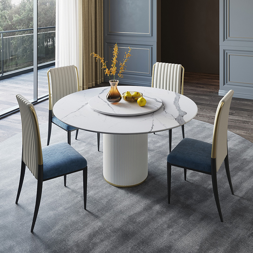 Modern Round White Stone Dining Table with Lazy Susan