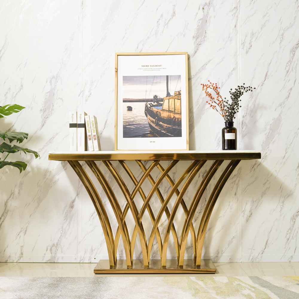 55'' Glarus Rectangular Marble Console Table, Creative Linear Design,Metal Base, White and Gold