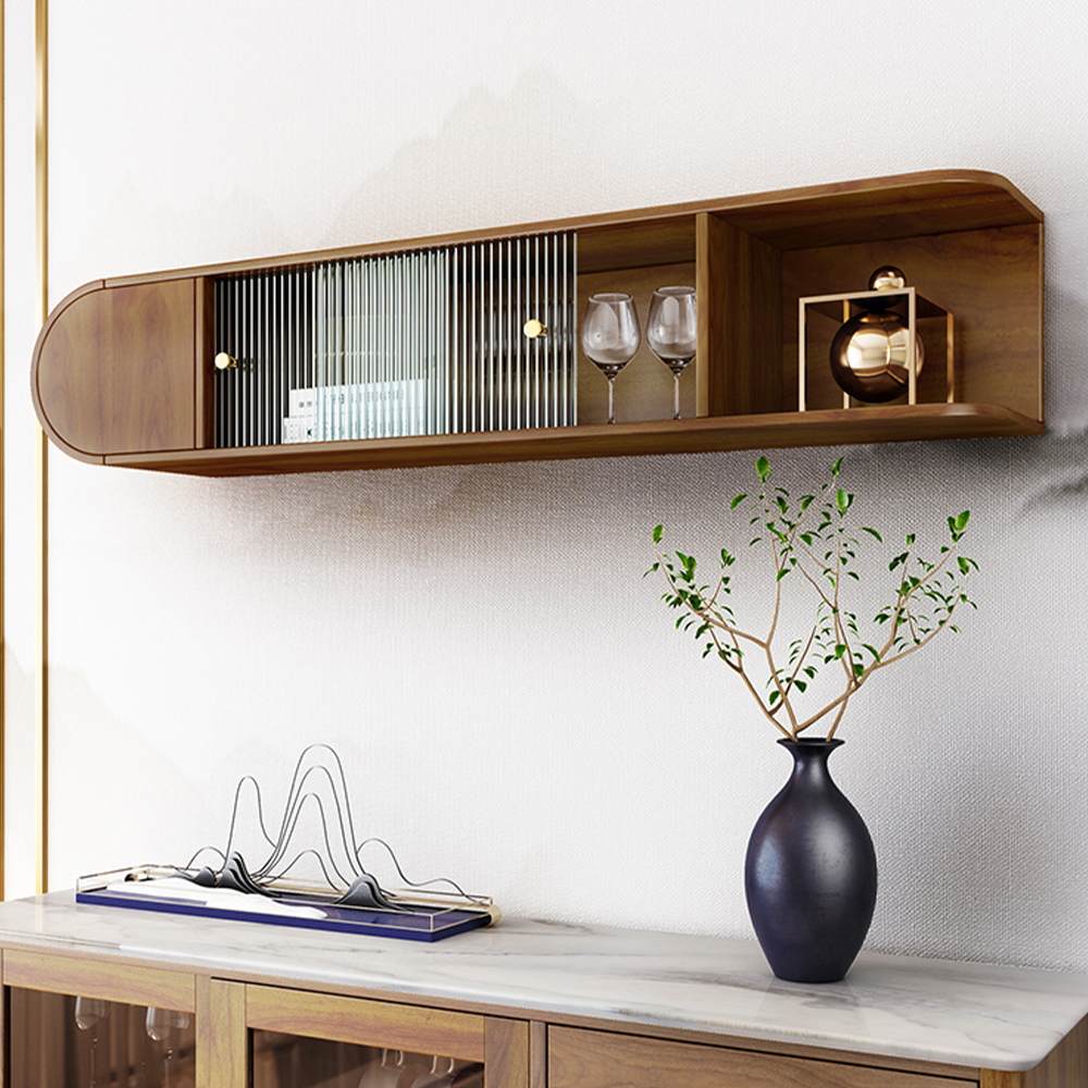 53" Modern Floating Wooden Cabinet for Livng Room, Glass Doors, Adjustable, Oak Wood Veneer, Open Storage