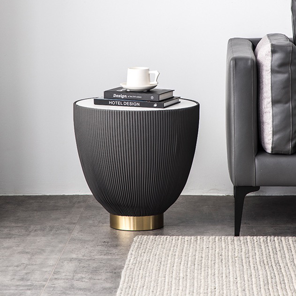 17" Frode Bowl-shaped Modern Nesting Coffee Table, Sintered Stone Top, PU Leather, Gold Stainless Steel Base, Gray