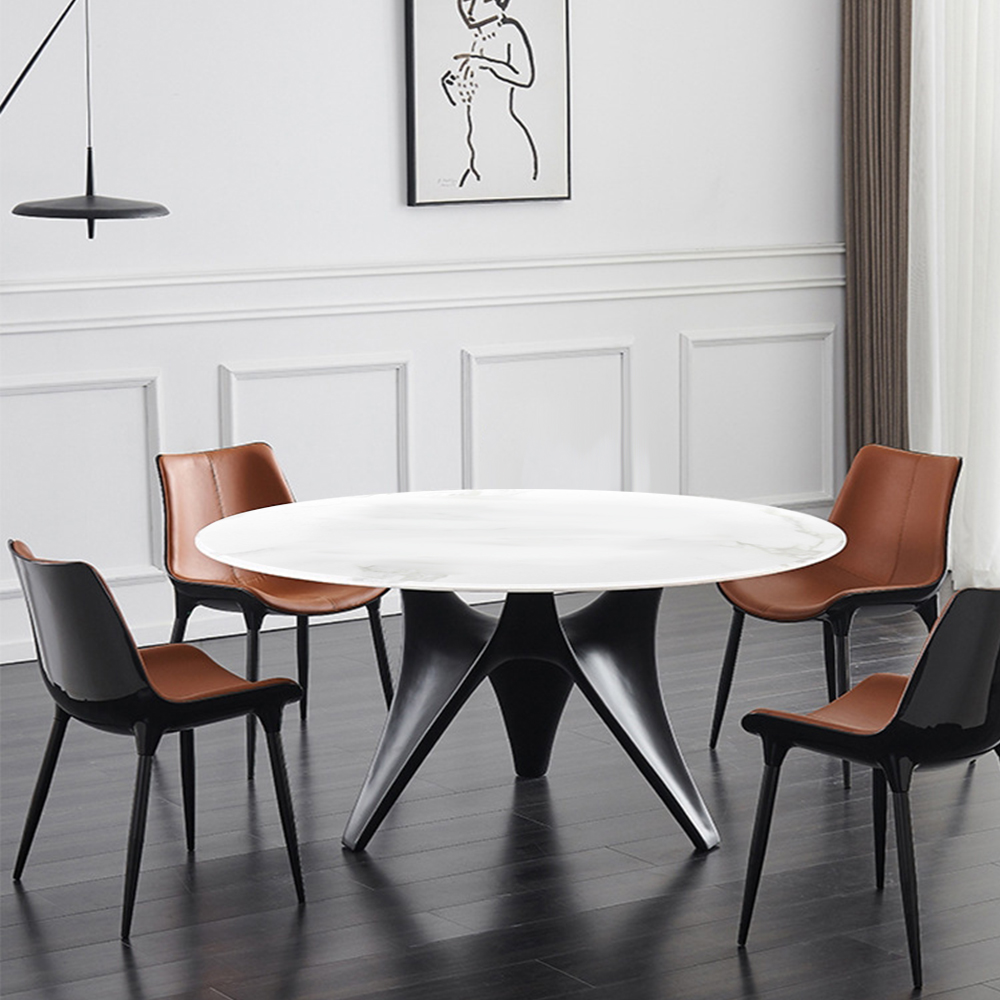Table de salle à manger ronde blanche moderne, pour 6 personnes avec plateau en pierre frittée mate et pied de table noir en fibre de verre