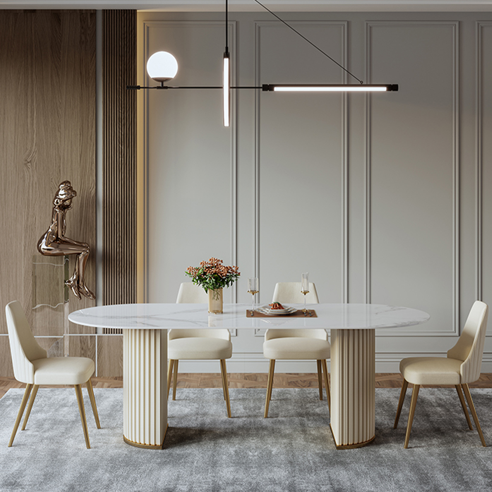 71" Modern Oval Dining Table for 6, White Glossy Sintered Stone Top, Khaki Fluted Engineered Wood Pedestal Base