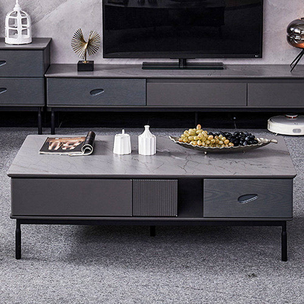 51" Morro Rectangle Rotating Coffee Table, Sintered Stone Top, Carbon Steel Legs, Gray