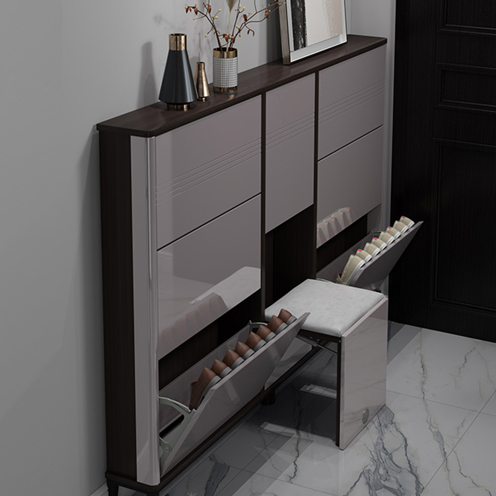 54'' Minimalist Walnut Veneer 6-Tipping Bucket Shoe Storage Cabinet with Stool, Rubber Wood, Black, Gray