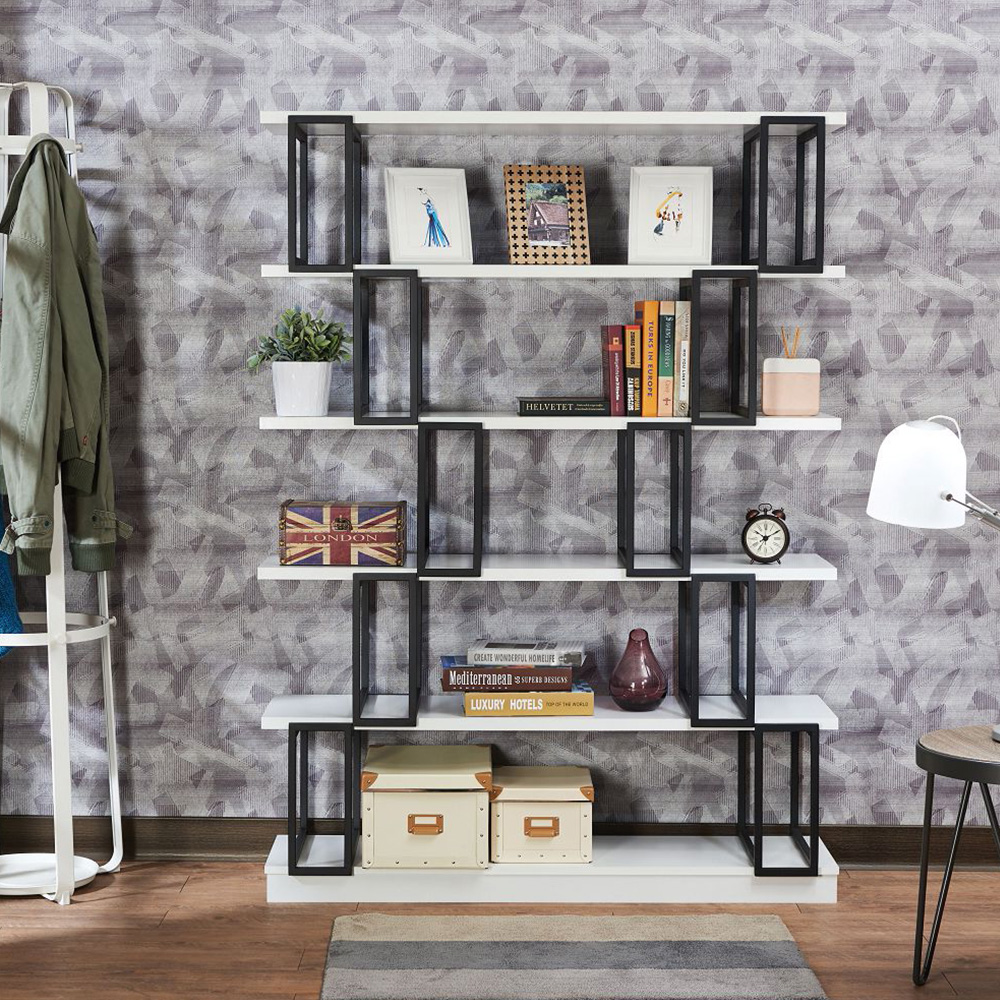 6 floors of open industrial style bookshelves with white wooden shelves and black metal frames