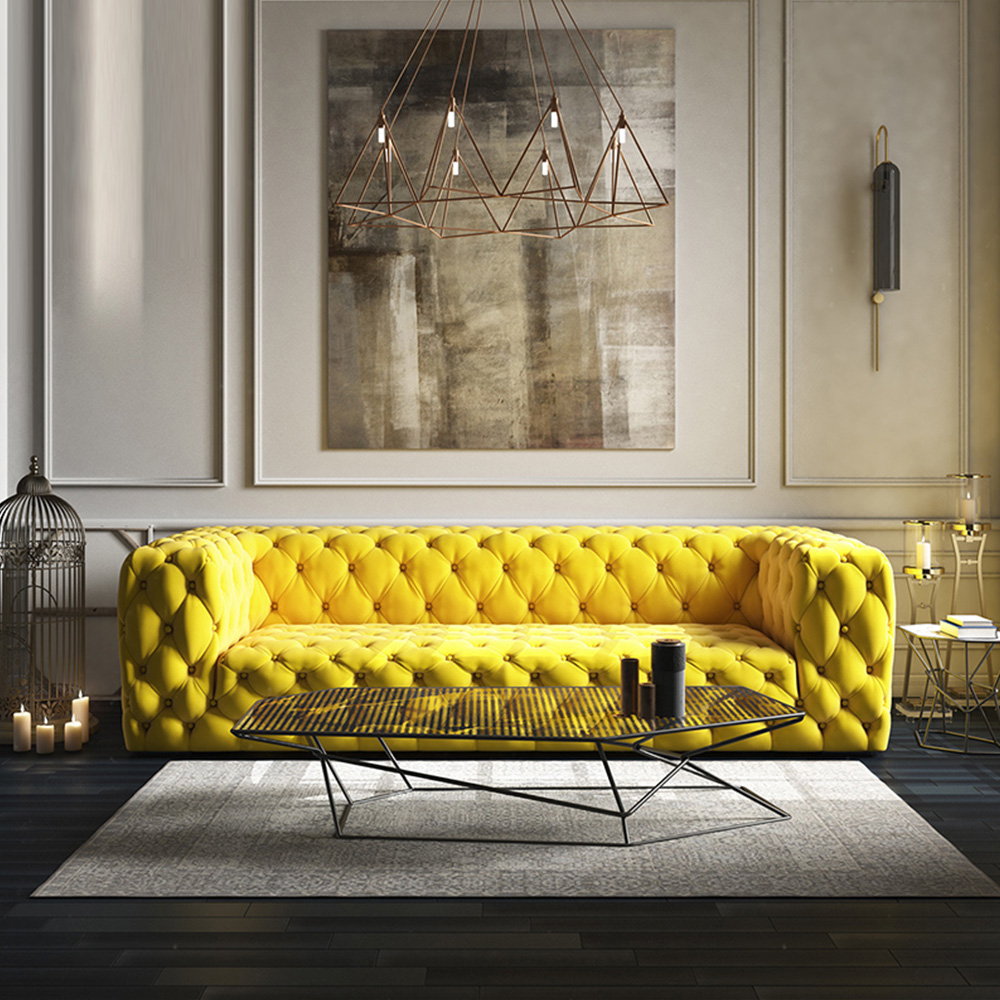 71.65'', 92.91'' Modern Yellow Velvet Square Arms Sofa, Deep Button Tufted Design, Solid Wood Frame, 2 Sizes