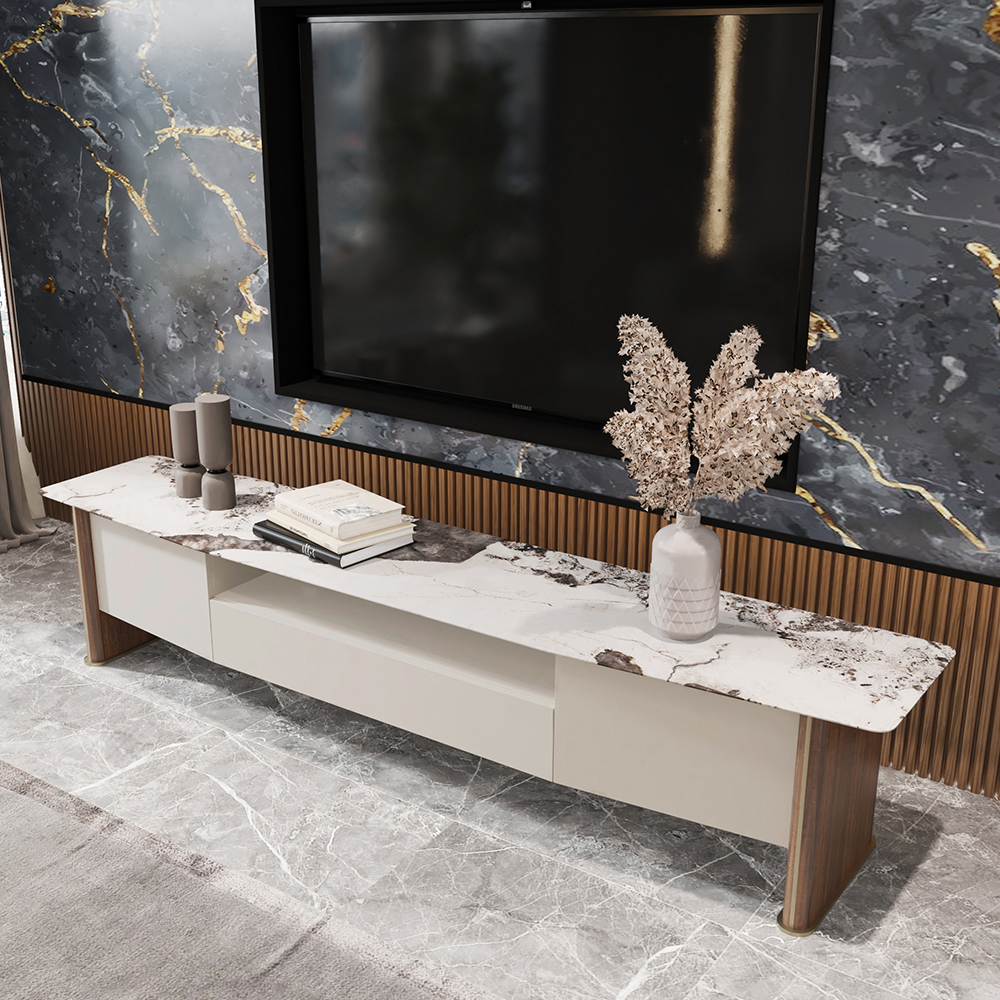 Luxury TV Console with Open Shelf and Drawers