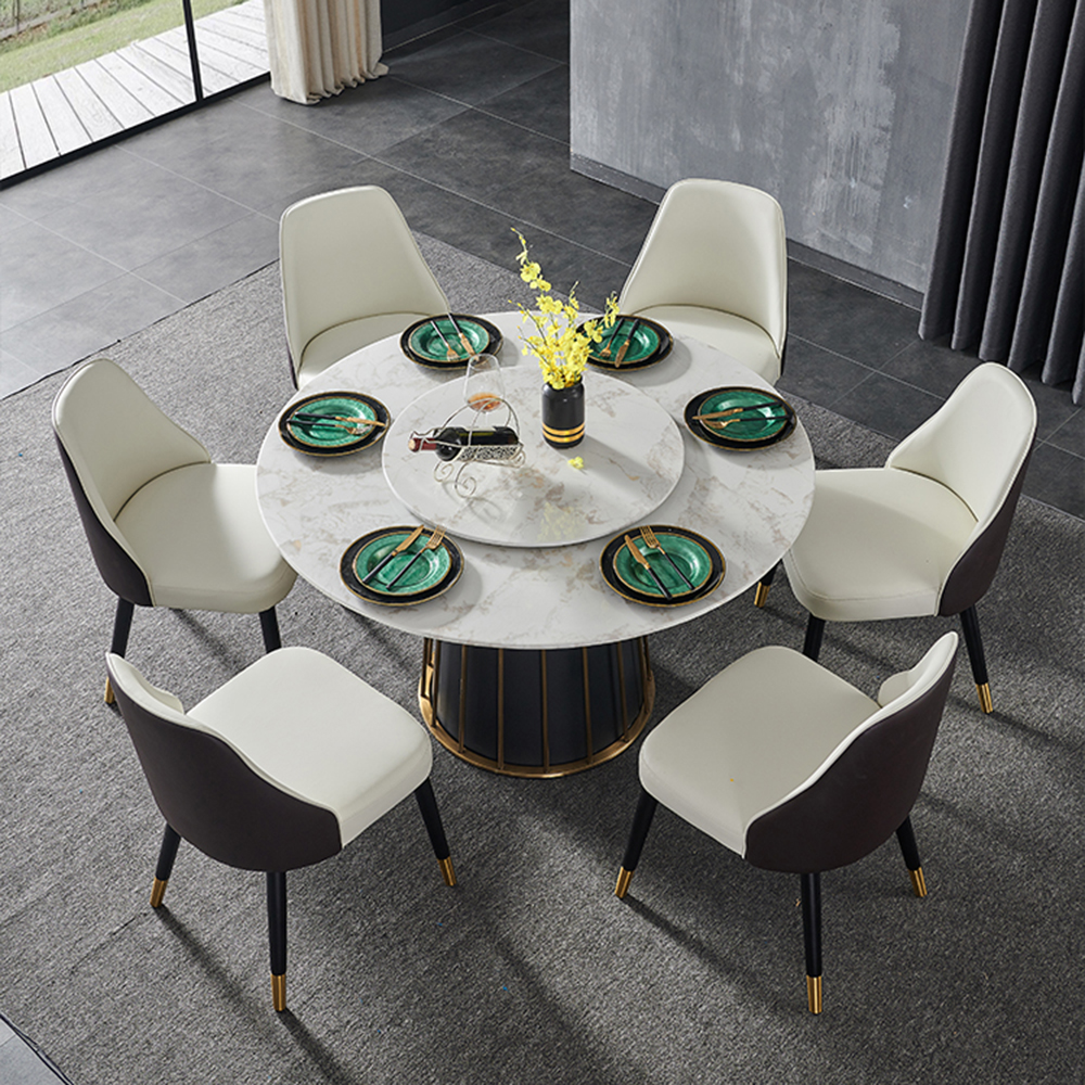Modern Round Marble Dining Table with White Table Turntable, Black and