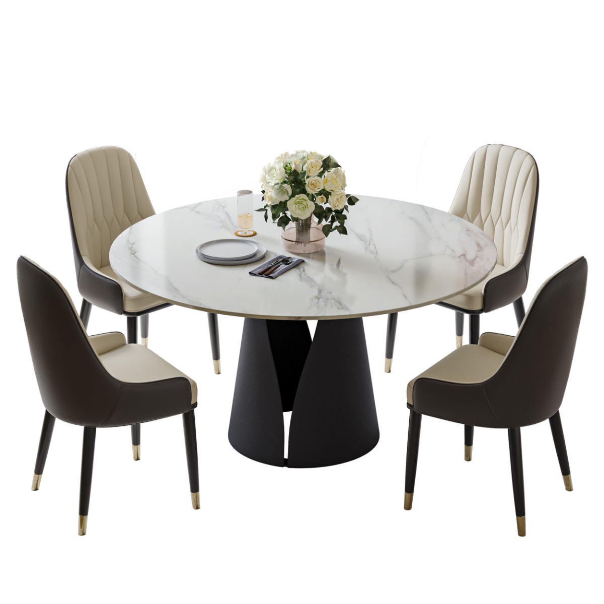 Dining Room Sets For Kitchen Furniture Round White Stone Dining Table with Dining Chairs (4 Seaters / 6 Seaters)
