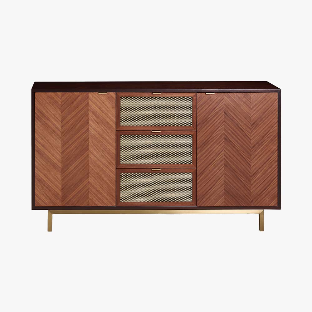 59'' Mid-Century Modern Credenza Walnut Sideboard Buffet Cabinet with Wood Table Top, Bar Cabinet with 3 Drawers & 4 Cabinets for Kitchen Storage & Bookshelf, Buffet Hutch for Dinning Room