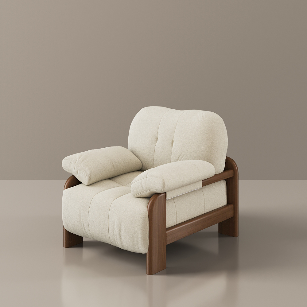 Mid-Century Modern Lounge Chair, White & Walnut Accent Chair, Cotton-Linen Upholstery, Removable Armrest Covers, Suitable for Living Room, Bedroom, Apartment