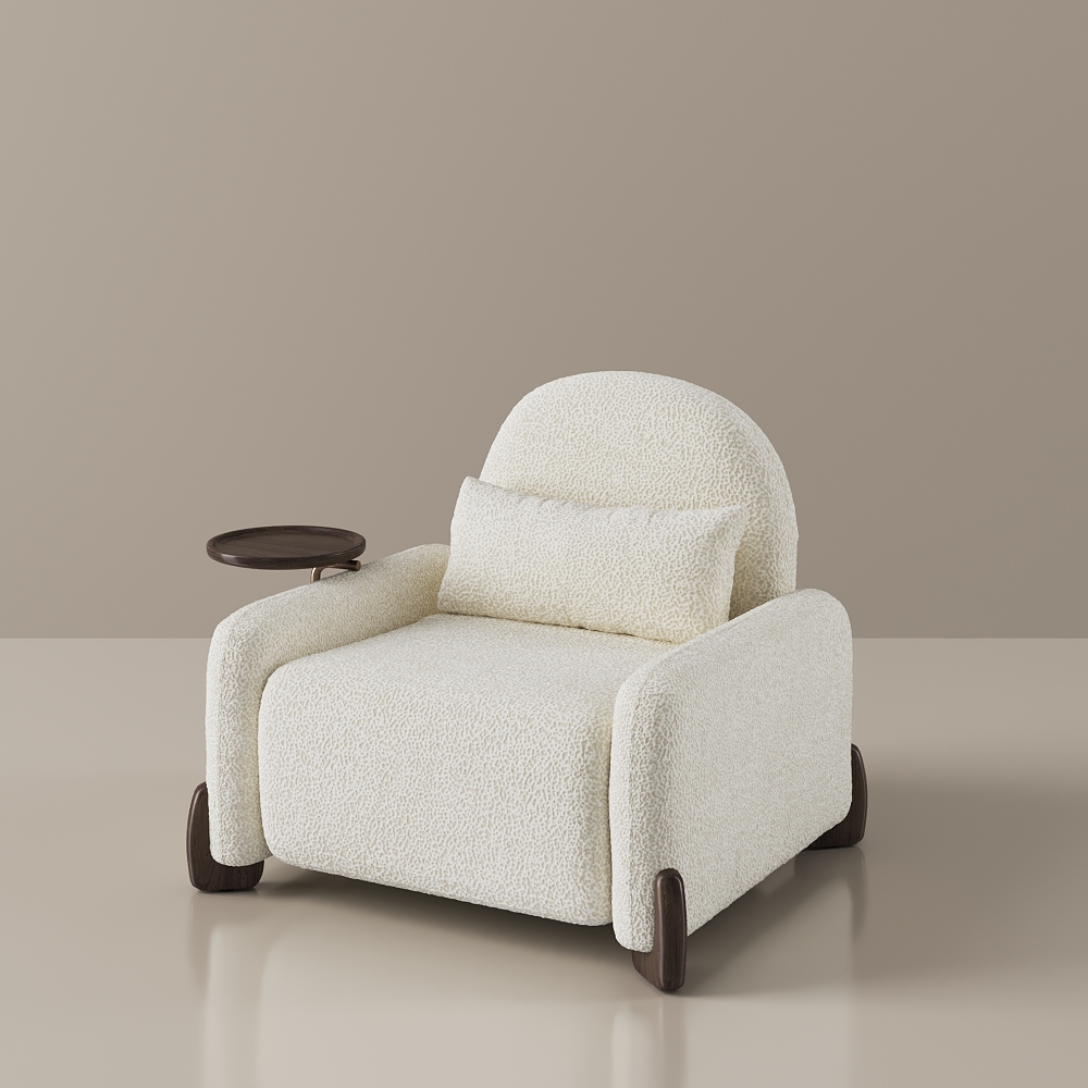 Convertible Sofa Bed with Manual Recliner & Side Tray,Cream Lounge Chair with Walnut Finish for Small Spaces