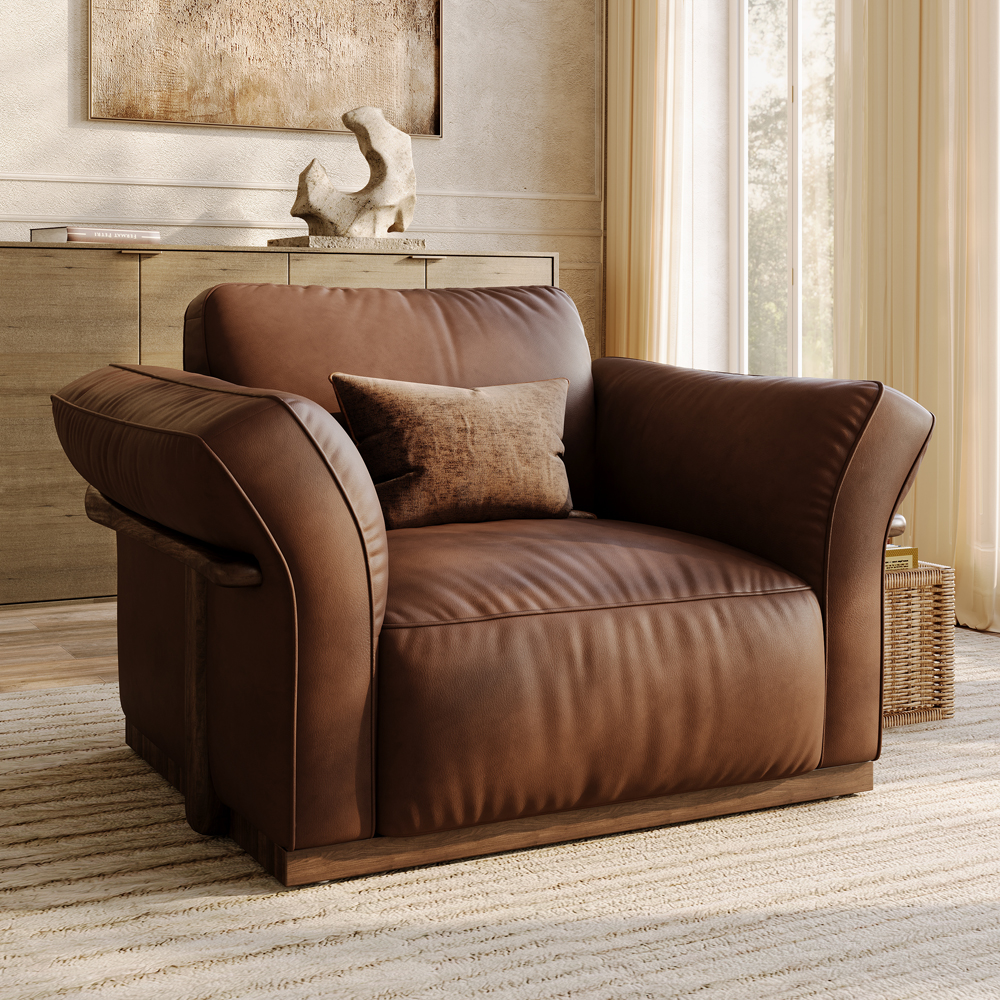 Dark Brown Top-Grain Leather Accent Chair with Solid Wood Frame