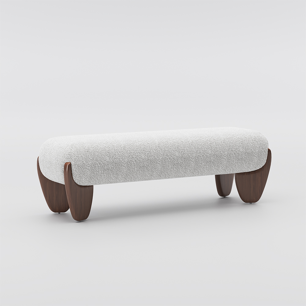 Upholstered Boucle Ottoman Bench with wooden legs for Bedroom, Modern End of Bed Bench