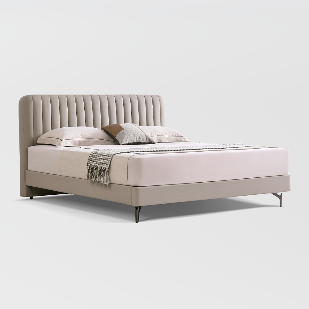 Leather Upholstered Bed with Vertical Channel Headboard, Sturdy Platform Bed Frame with Wooden Slat Support, No Box Spring Needed, Easy Assembly Noise Free