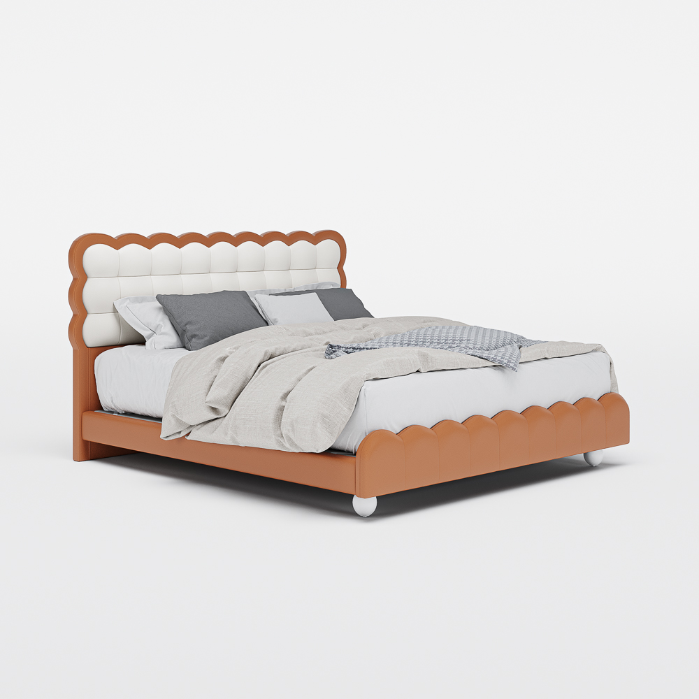 Waffle Leather Upholstered Bed with Wooden Legs, Sturdy Platform Frame with Wooden Slat Support, No Box Spring Needed, Easy Assembly