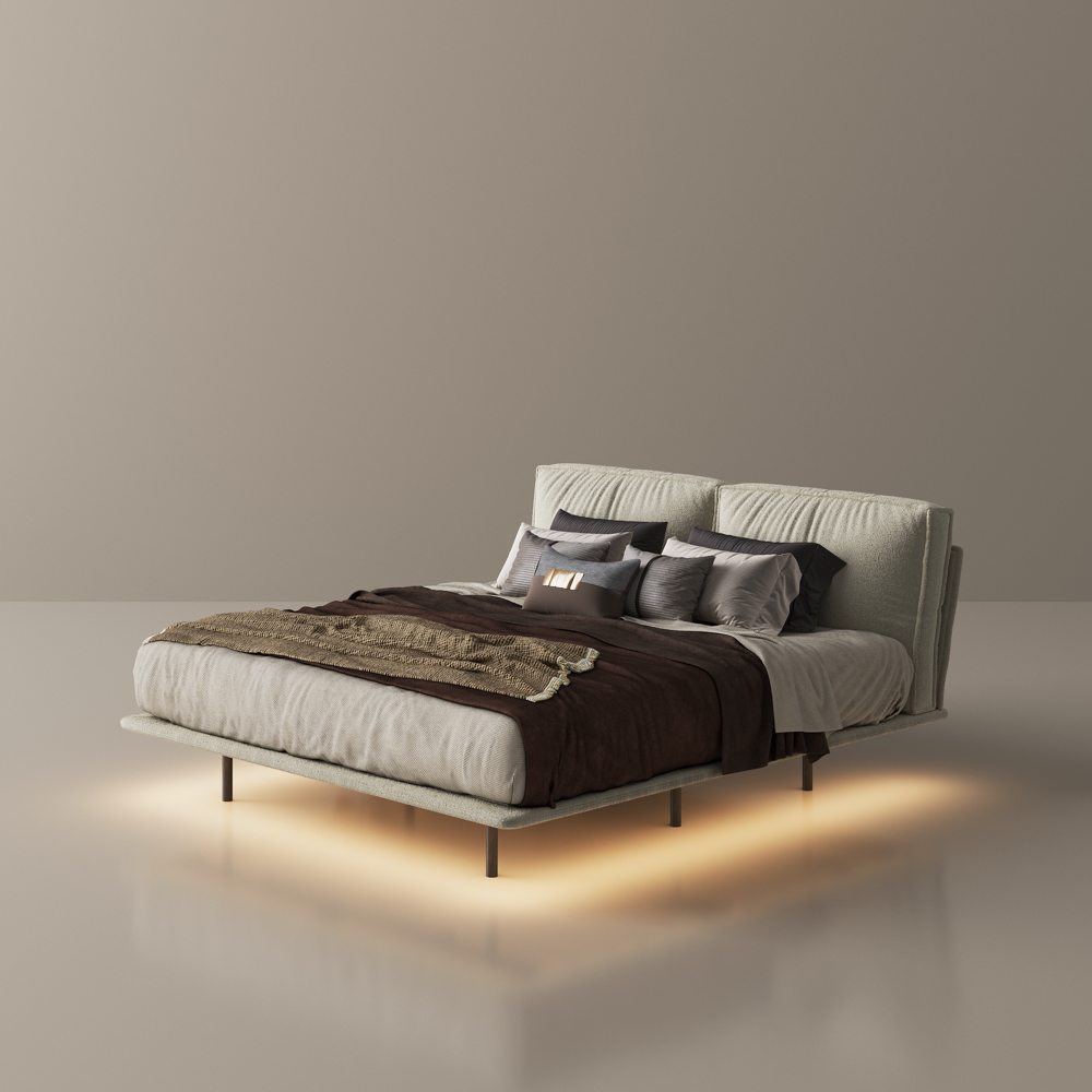 Modern Queen/King Size Floating Bed Frame with LED Lights and Replaceable Headboard, Beige Upholstered Bed Frame with Wooden Slat Support, No Box Spring Needed, Easy Assembly