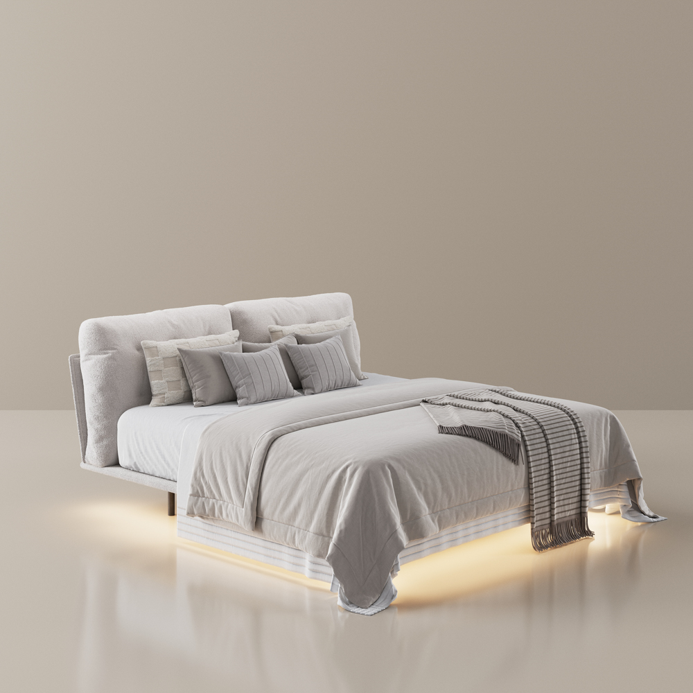 Floating Bed Frame with LED Lights and Replaceable Headboard, Upholstered Bed Frame with Wooden Slat Support, No Box Spring Needed, Easy Assembly