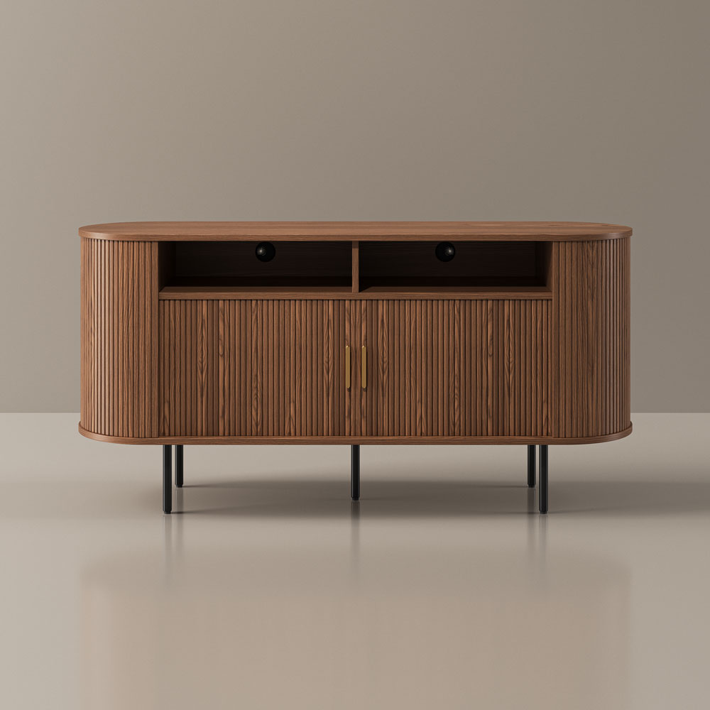 63" Mid-Century Modern Curved Media Console, Large Capacity Storage Credenza, Fluted Side Cabinet with Open Storage & Tambour Door, Walnut Finish with Metal Legs, Suitable for Living Room, Bedroom, and Dining Room