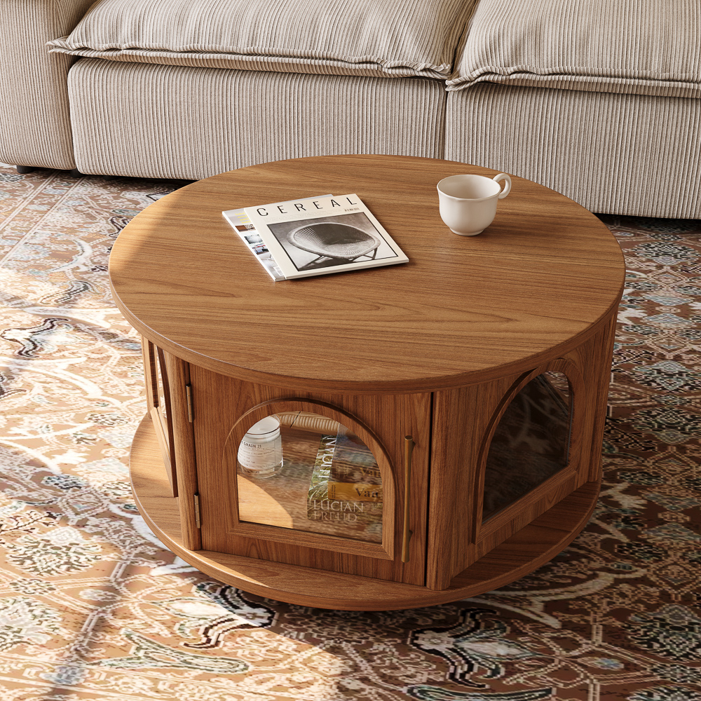 31'' Mid-Century Wooden Round Drum Coffee Table,With Large Storage, Retro Arch E...