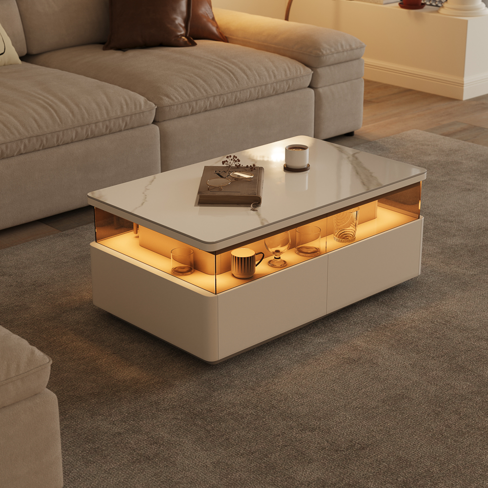 39" Modern White Coffee Table with LED Light, Center Table for Living Room, Luxu...