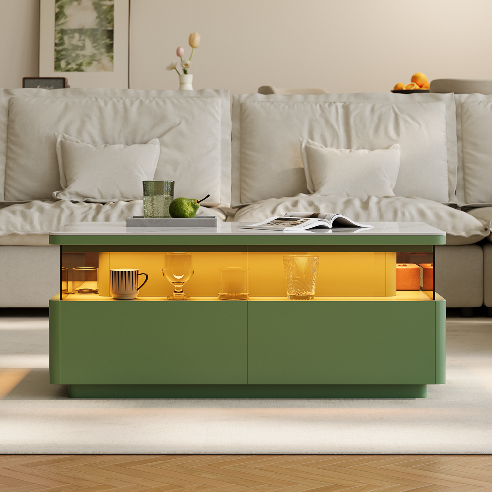 39" Rectangle LED Coffee Table with Storage,6-Level Adjustable Lights, Modern Si...