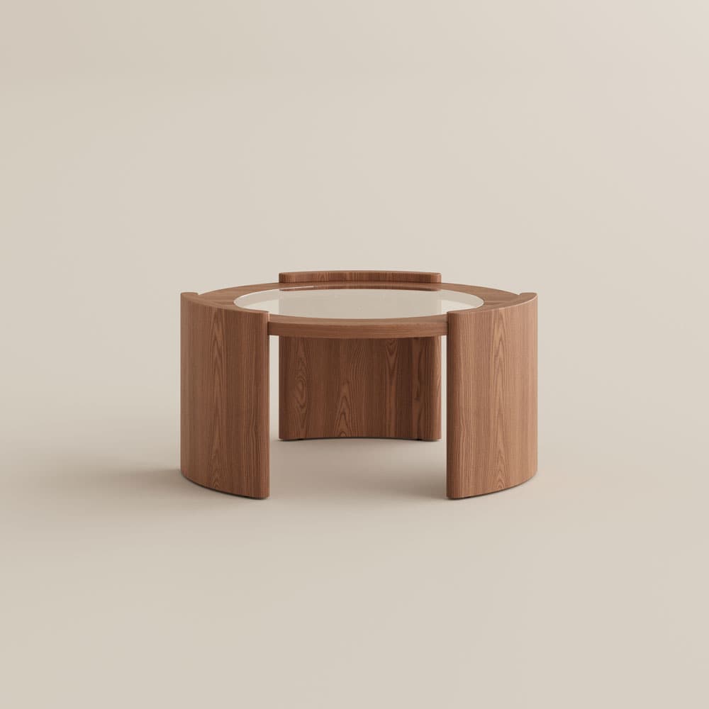 Wood and Glass Coffee Table, Round Glass Coffee Tables, Mid-Century Modern Tripod Table, Curved Leg, FSC-Certified Wood, Easy Assembly, Walnut Color