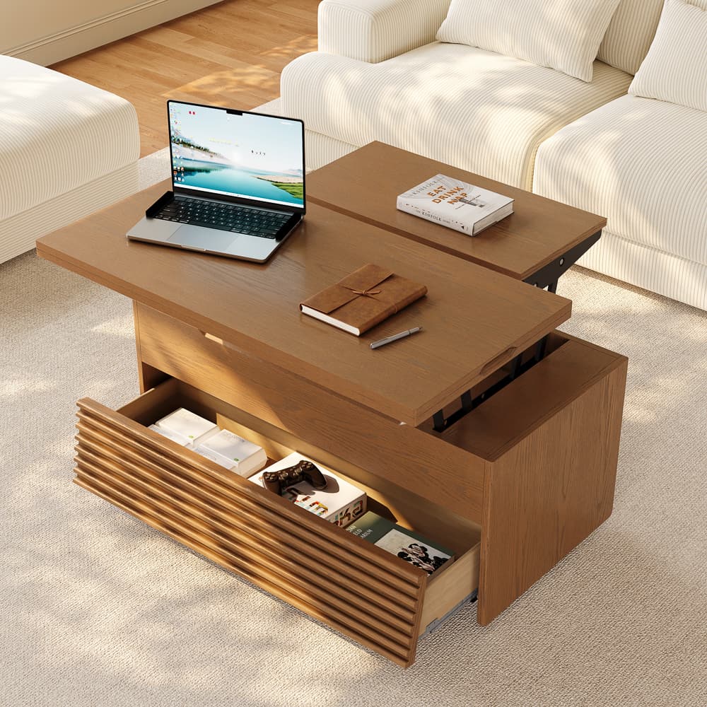 Povision 39" Lift‑Top Coffee Table with Storage, Multifunctional Table, Rectangular Dining Table with Locking Wheels & LED Light, Mid Century Modern, FSC Wood, Fully Assembled, Walnut
