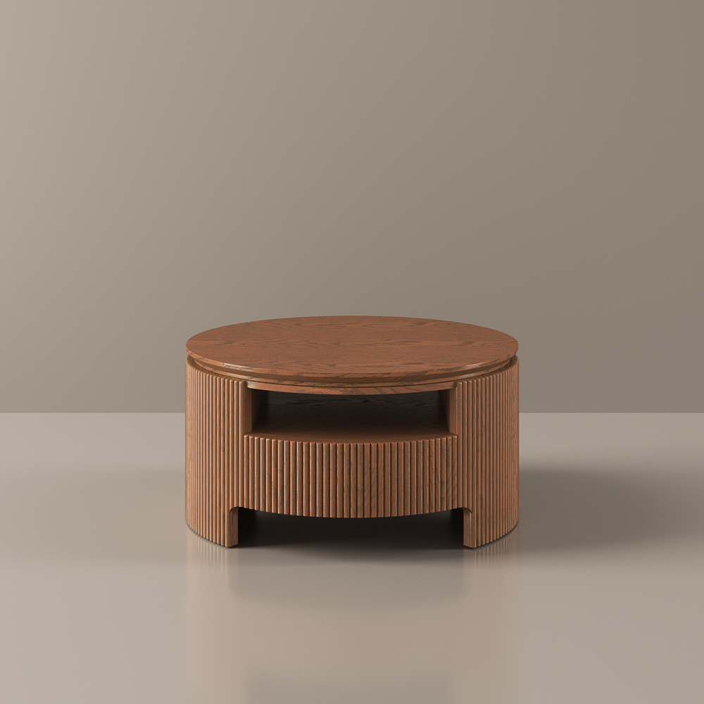Round Fluted Coffee Table with Open Shelf, Mid-Century Modern Style, 2 Storage Drawers & Open Shelf, FSC-Certified MDF, Fully Assembled, Walnut