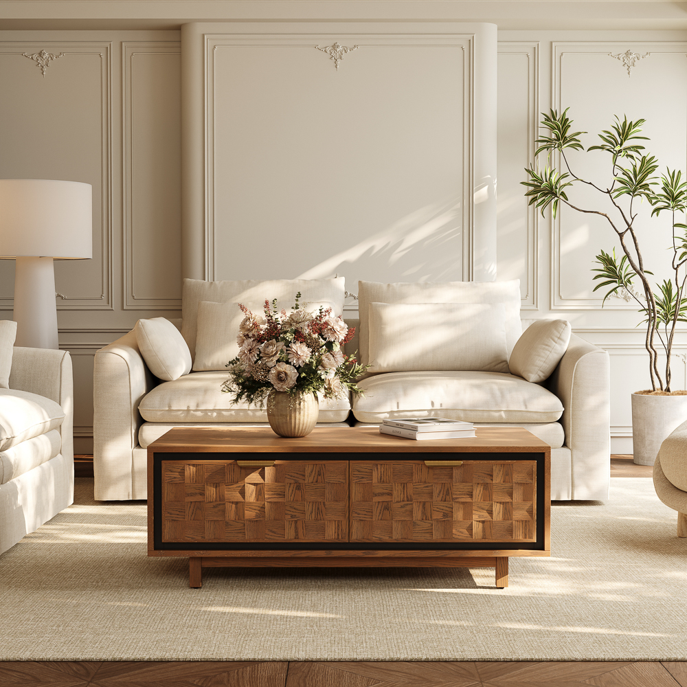 47.24‘’ Vintage Waffle Coffee Table  with Storage, Mid Century Modern Wood Table...