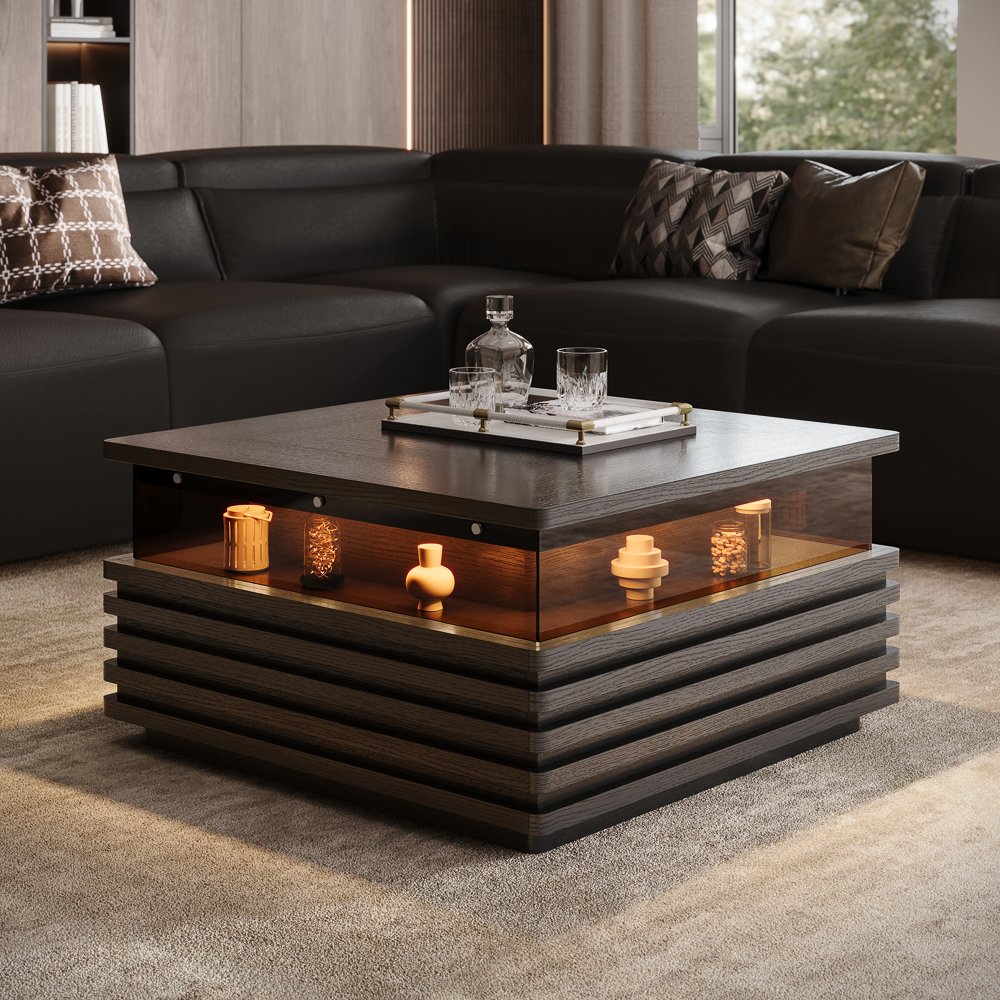 31" Black Modern Coffee Table with LED Lights, Horizontal Slatted Tables, Mid-Ce...