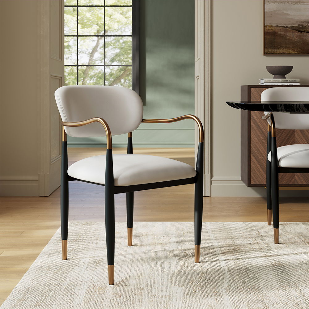 Modern Upholstered Dining Chairs Set of 2, Leather Dining Chairs with Arms, Metal Frame Dining Chairs, Beige