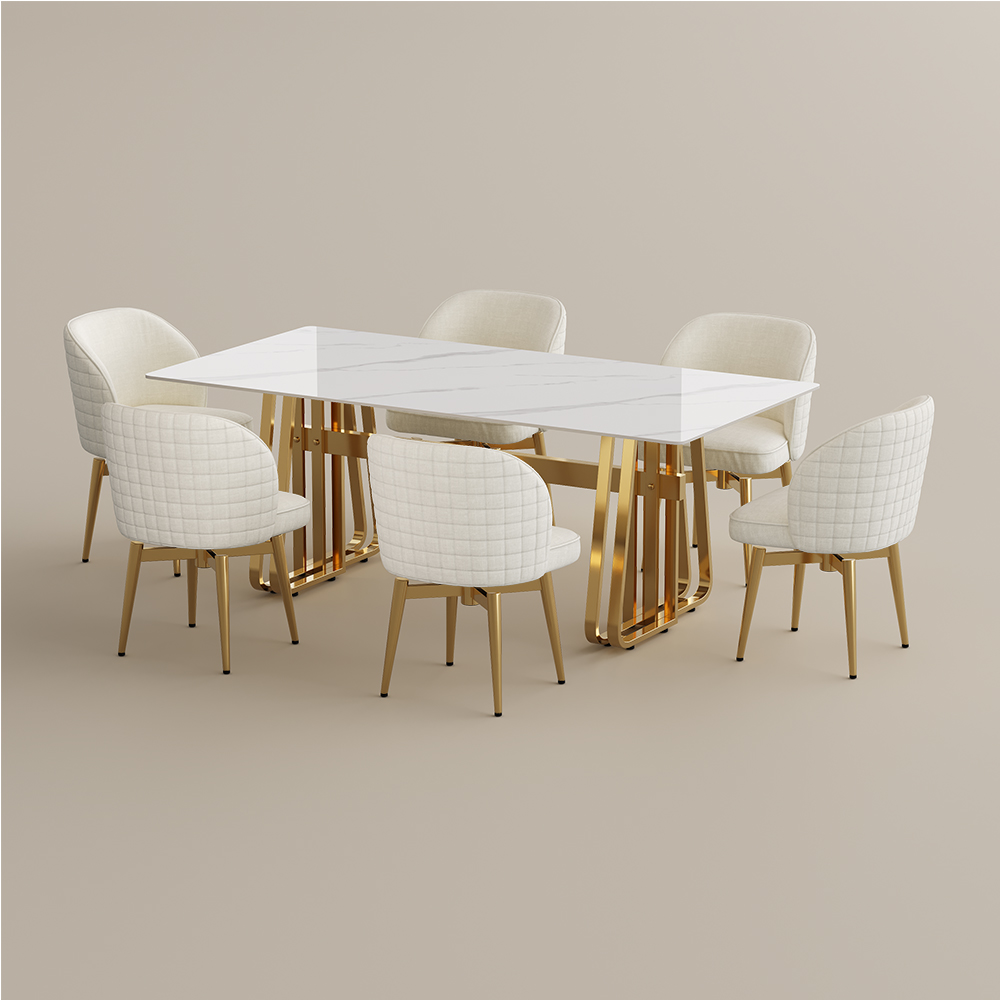 7-Piece Modern Double Pedestal Dining Room Set for 6, Rectangular White Kitchen Table Set, Easy-to-Clean Table with 6 Chairs