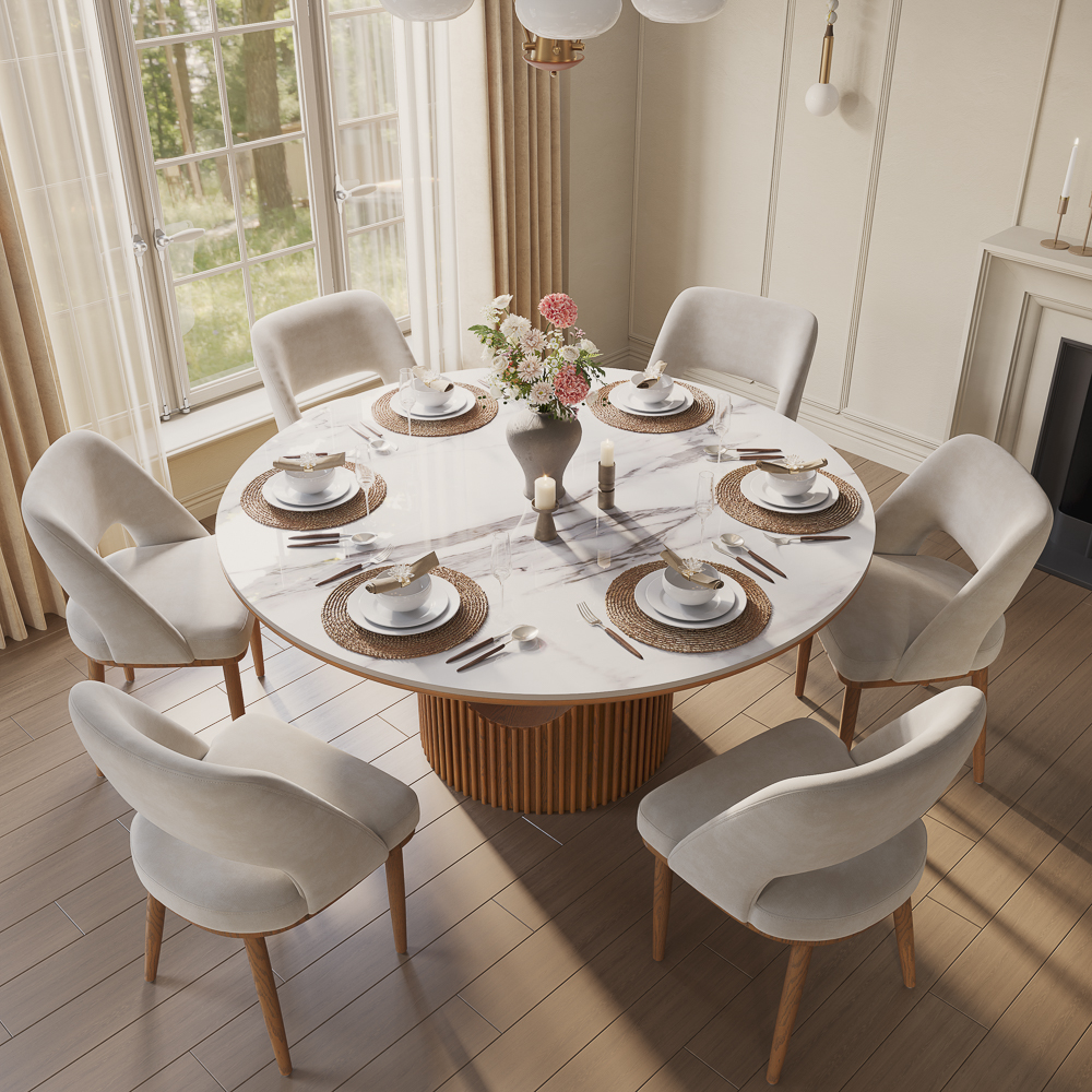 Mid-Century Modern 59" Round Dining Table Set for 6 - Easy to Clean White Sintered Stone Dining Table