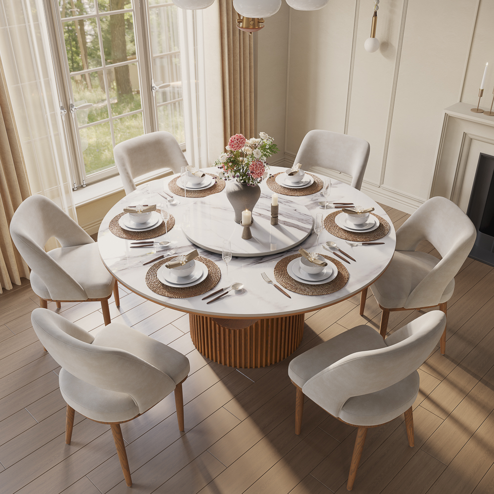 Mid-Century Modern 59" Round Dining Table Set for 6 with Lazy Susan- Easy to Clean White Sintered Stone Dining Table