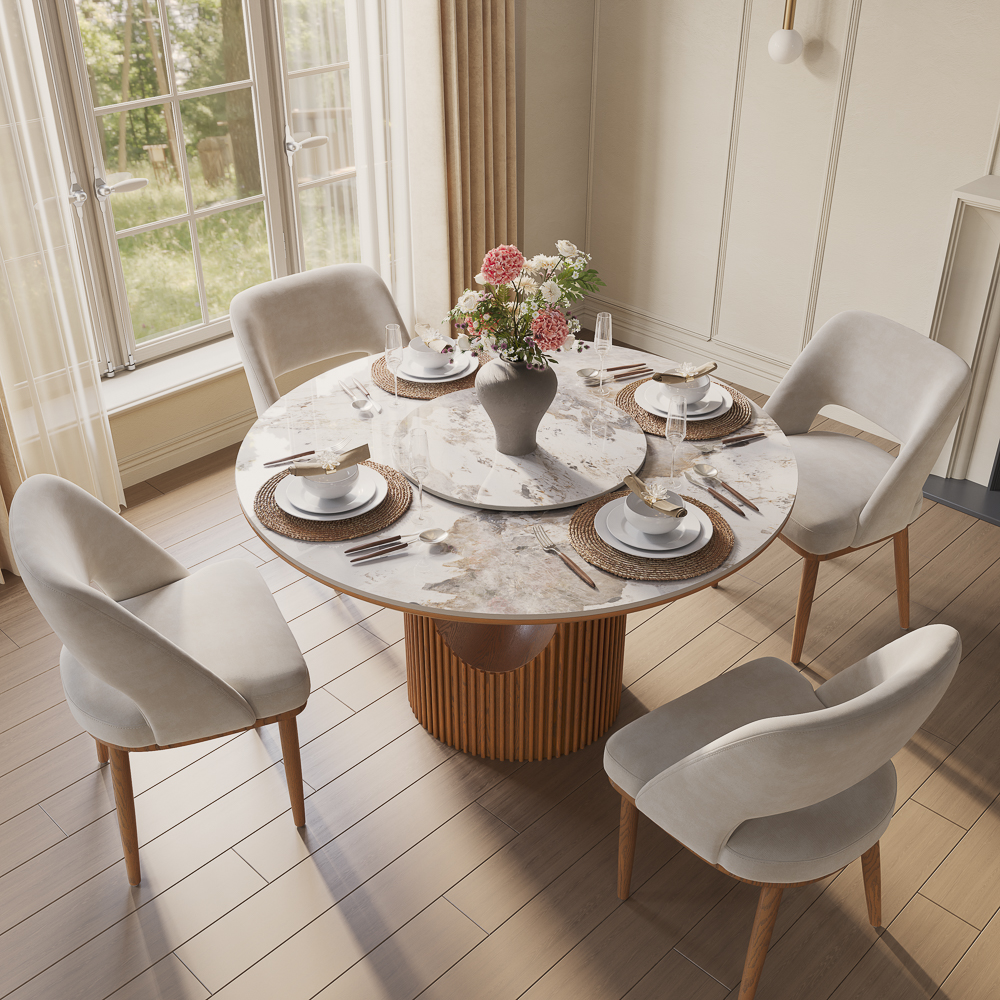 Mid-Century Modern 47" Round Dining Table Set for 4 with Lazy Susan- Easy to Clean Pandora Sintered Stone Dining Table