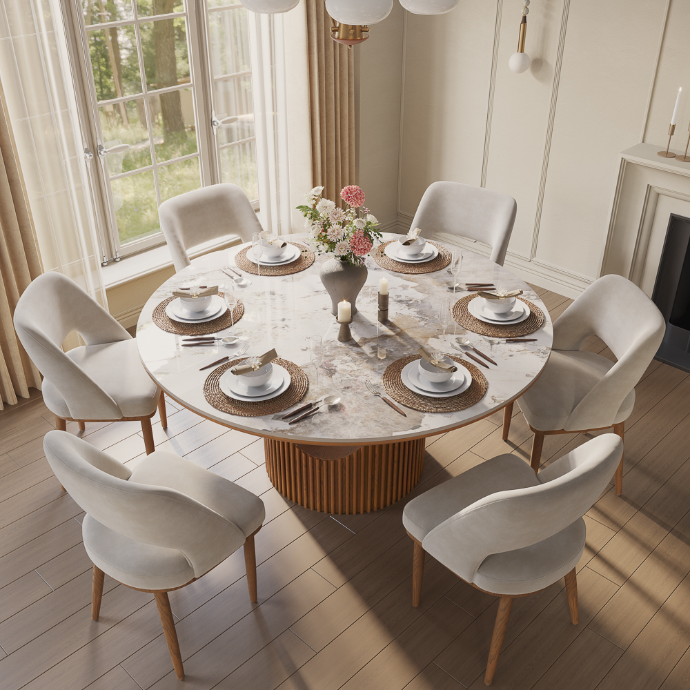 Mid-Century Modern 59" Round Dining Table Set for 6 - Easy to Clean Pandora Sintered Stone Dining Table