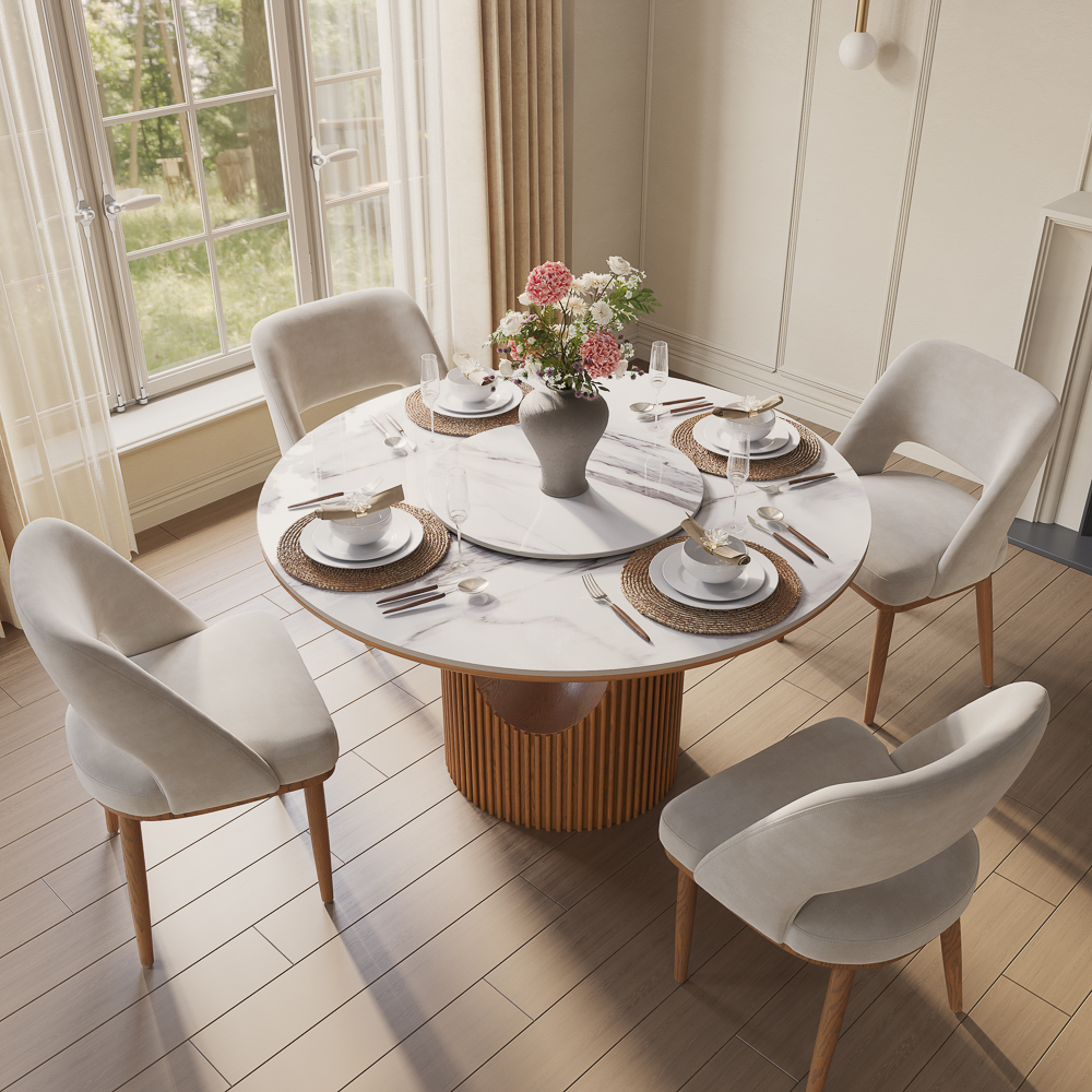Mid-Century Modern 47" Round Dining Table Set for 4 with Lazy Susan- Easy to Clean White Sintered Stone Dining Table