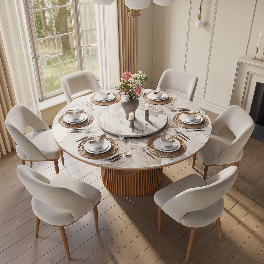 Mid-Century Modern 59" Round Dining Table Set for 6 with Lazy Susan- Easy to Clean Pandora Sintered Stone Dining Table