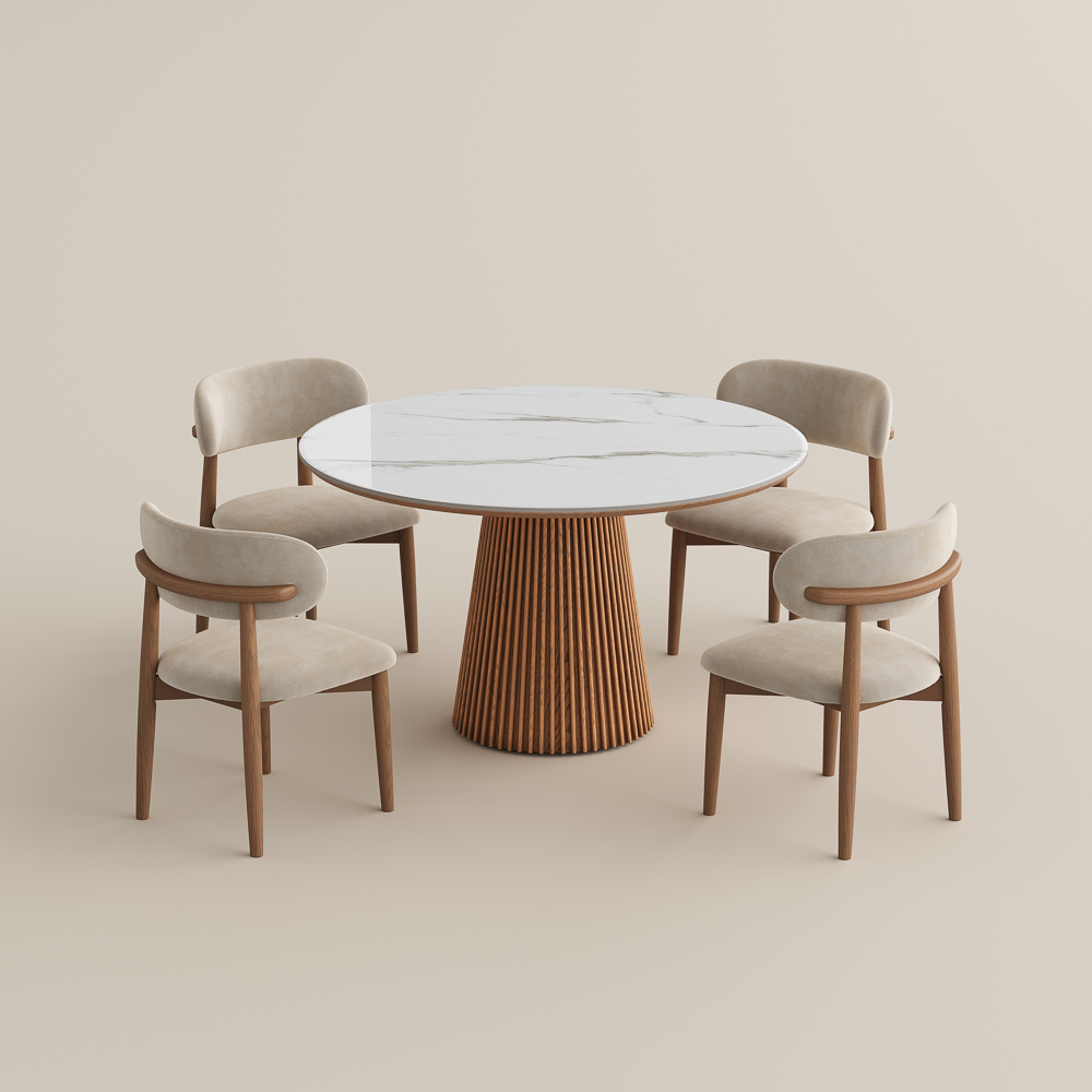 Mid-Century Vintage Round Dining Table Set For 2/4, with Glossy Sintered Stone Top and Walnut Fluted Pedestal Base, Classic Retro Design