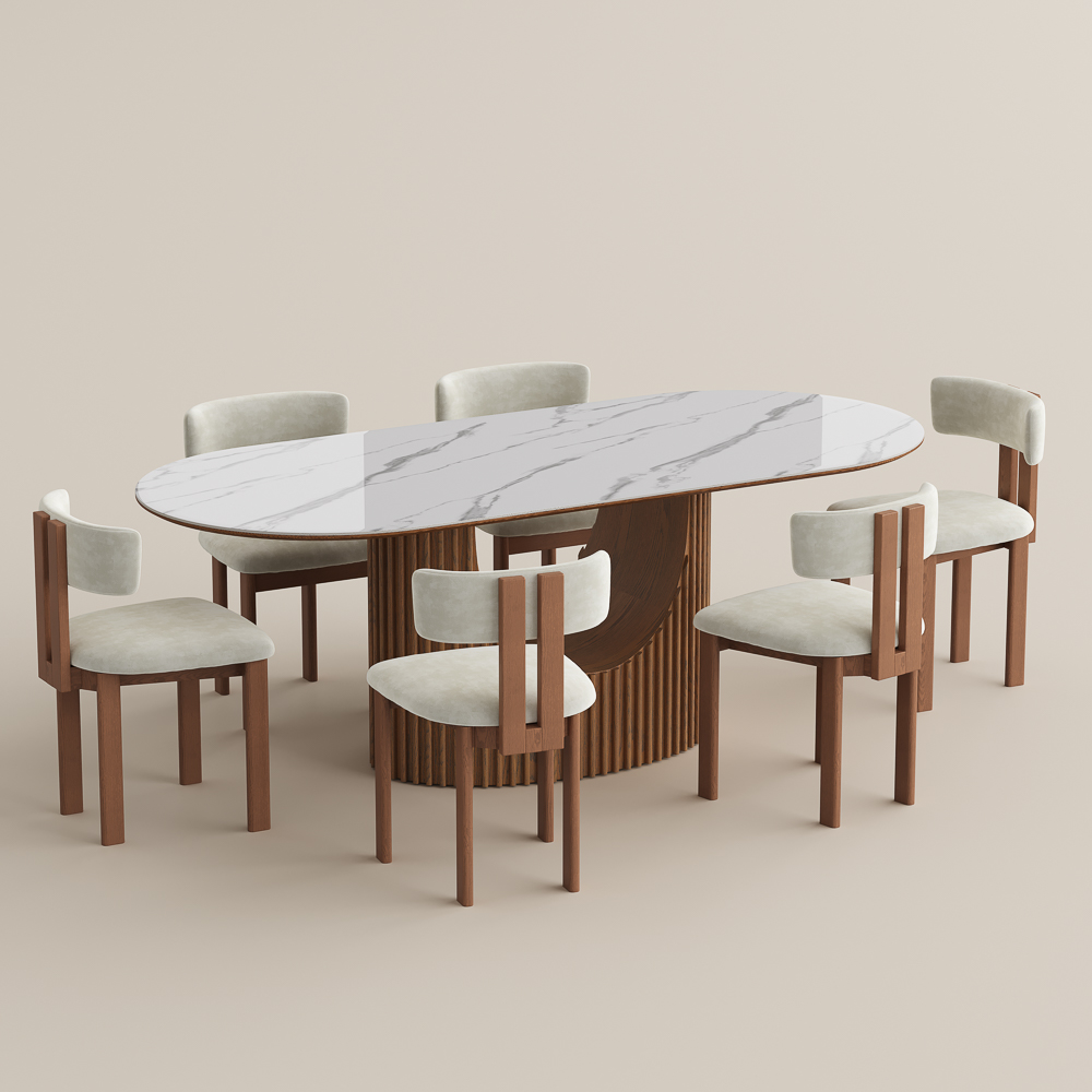 Mid-Century Oval Walnut Color Wood Dining Table Set for 6 | Povison