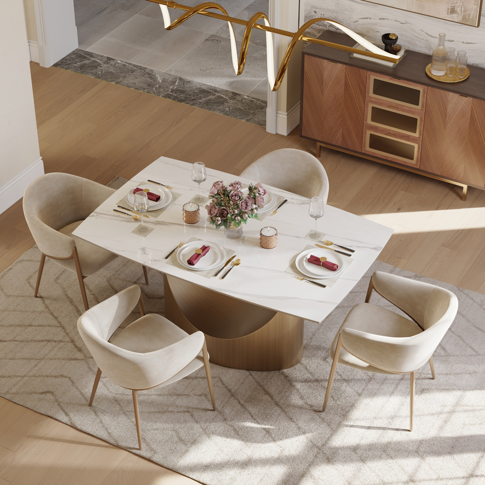 Hobart-55"-79" Glossy White Sintered Stone Table Modern Extendable Dining Table Set for 4, Extendable Dining Room Set with 4 Chairs