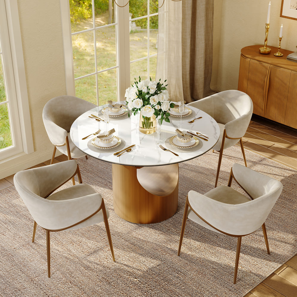 Hobart-47"-63"  Oval - Round Dining Table for 4 Person, Easy to Clean Kitchen Table Set, White Glossy Sintered Stone Tabletop
