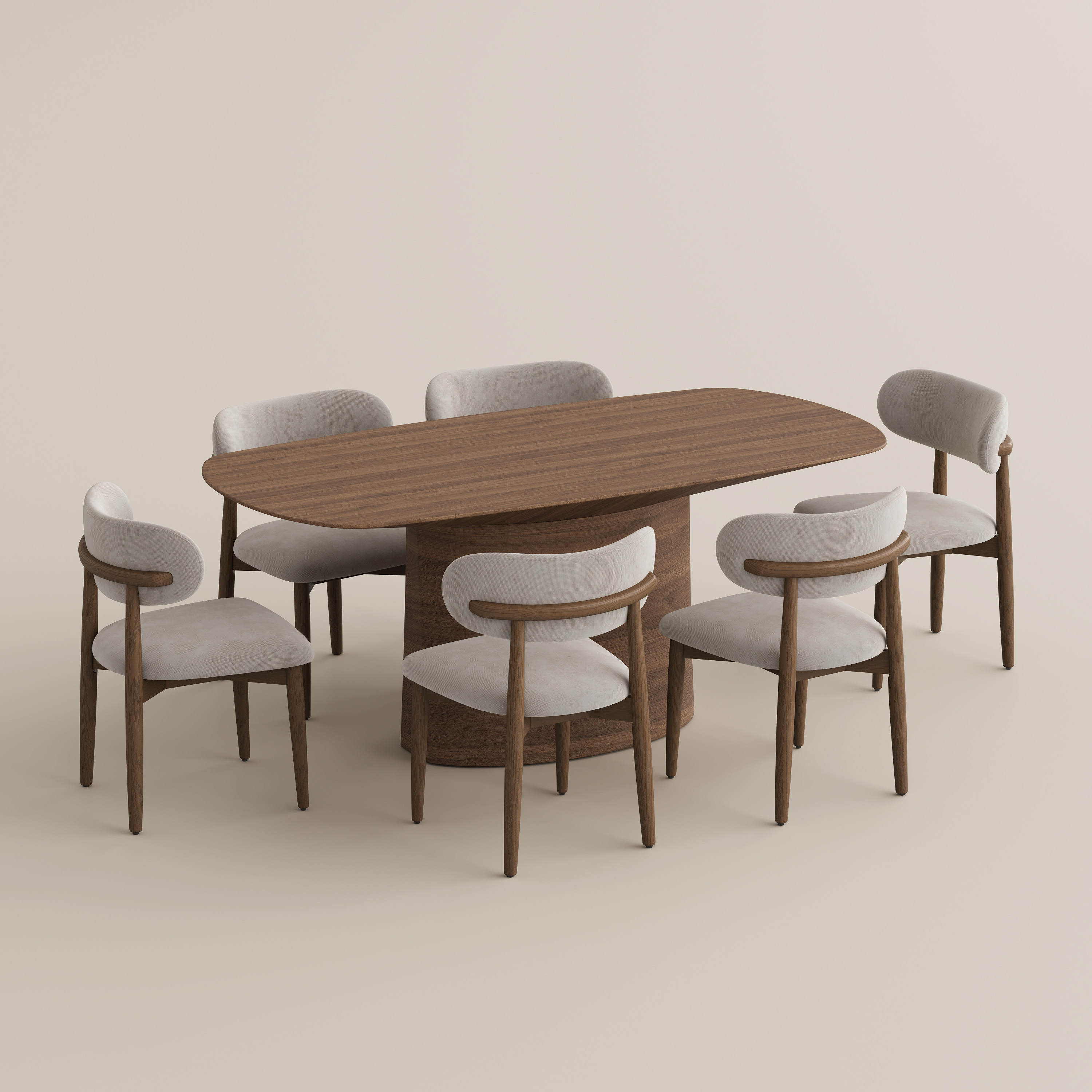 Mid-Century Trestle Wooden Dining Table Set, Bold Curved X-Base, Warm Walnut Finish, Solid Dining Centerpiece