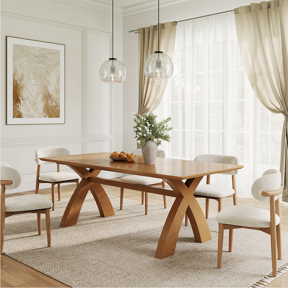 71" Mid-Century Trestle Wooden Dining Table Set, Bold Curved X-Base, Ash Finish, Solid Dining Centerpiece