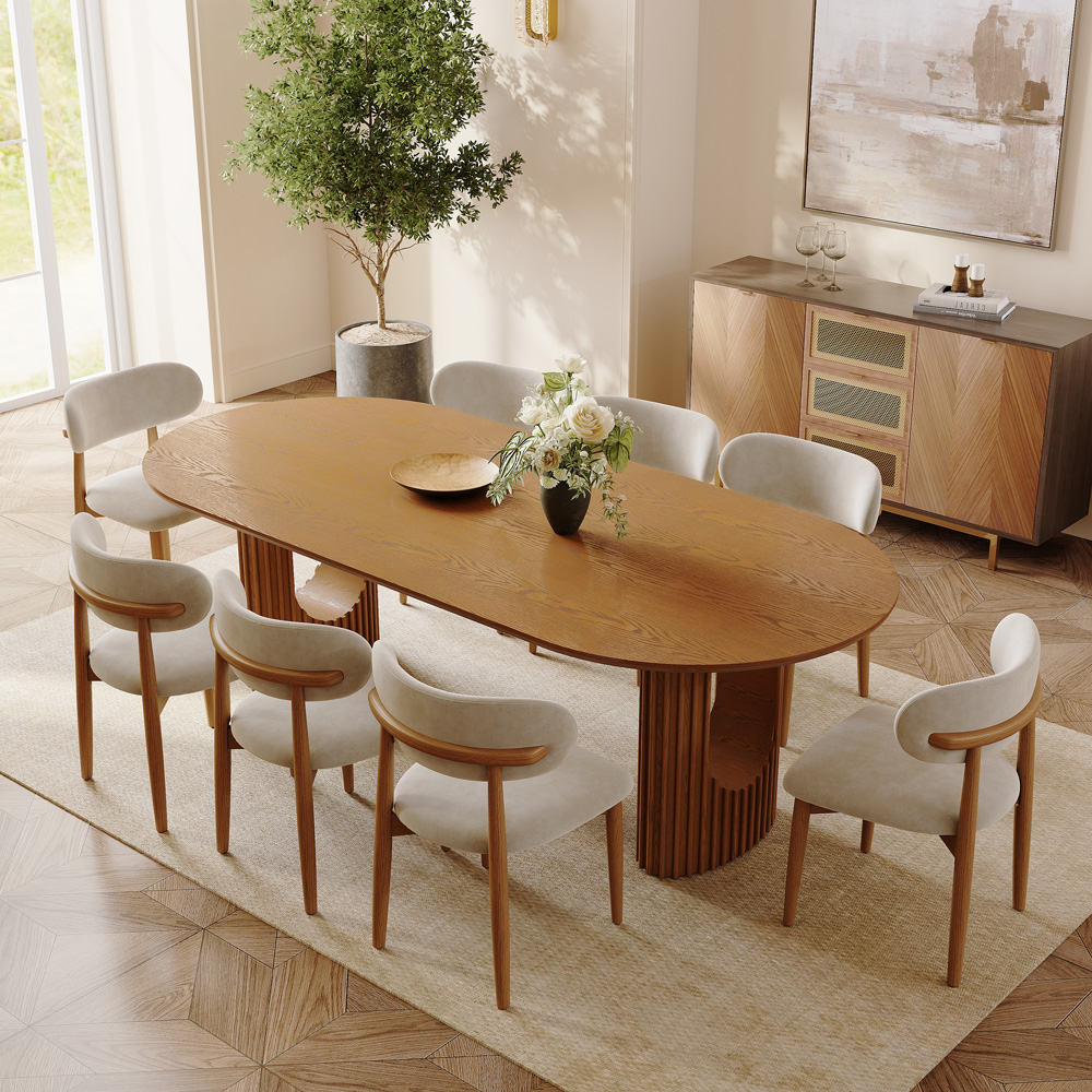 Silva-Modern Oval Dining Table Set for 8-10, Walnut Dining Table with Ash Wooden Top, Fluted Engineered Wood Double Pedestals