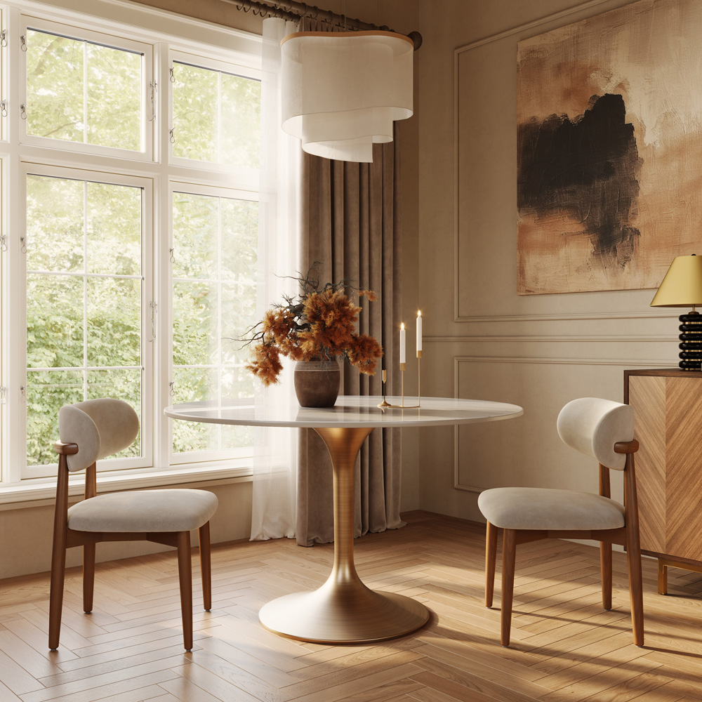 Tulora-Round Glossy Sintered Stone Dining Table Set for 6: Tulip Pedestal Series